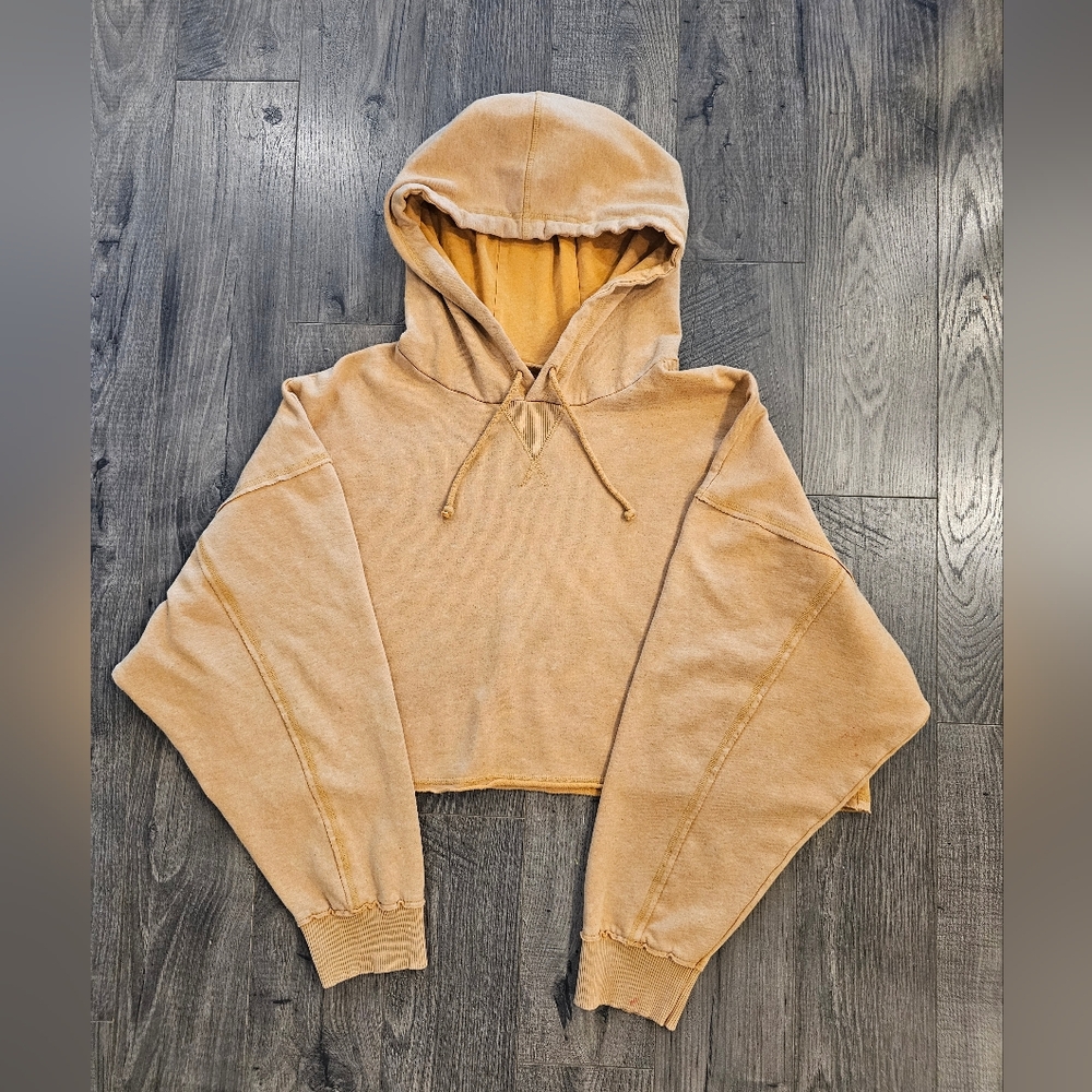 XL Women's Aeropostale Tan Cropped Hoodie Retro Summer Spring Beachy Distressed